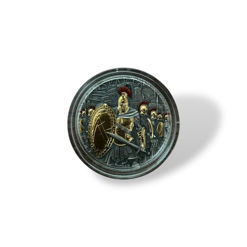 2023 Niue Sparta 1oz Silver Coin – Reverse showing Spartan warrior with gold gilding